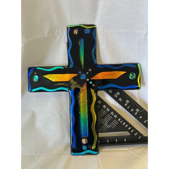Handmade Stained Glass Cross Wall Decor With Vibrant Colors & Abstract Design - Picture 2 of 2